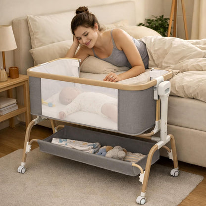 Rocking Baby Bassinet Bedside Sleeper, Detachable Portable Bassinet & Adjustable Crib with 8 Heights, Breathable Mesh, Storage Basket & Mobile Toy for Newborns to Toddlers(Oatmeal)