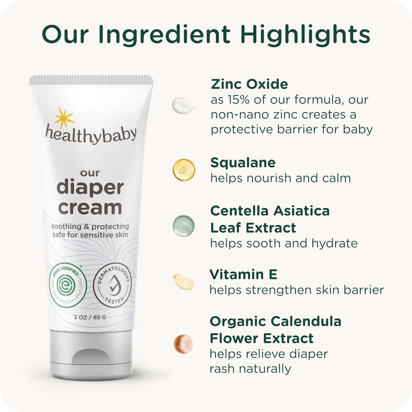 HealthyBaby Our Diaper Cream | Hypoallergenic Zinc Oxide & Squalane Diaper Cream | Fragrance Free, EWG Verified + Non-GMO, 3 oz