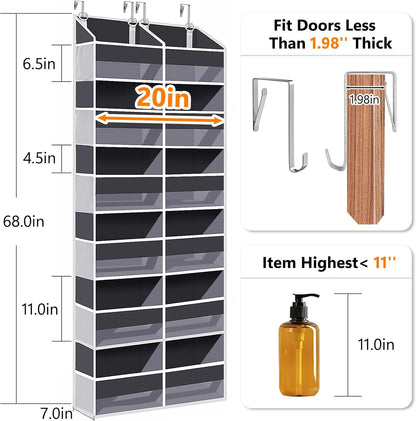Heavy Duty Over The Door Organizer 5 Tiers, Extra Large Behind Door Storage of 10 Big Front & 10 Mesh Pockets, 80lb Weight Capacity, Hanging Doors Storage Organizer for Closet Bedroom Nursery, Grey
