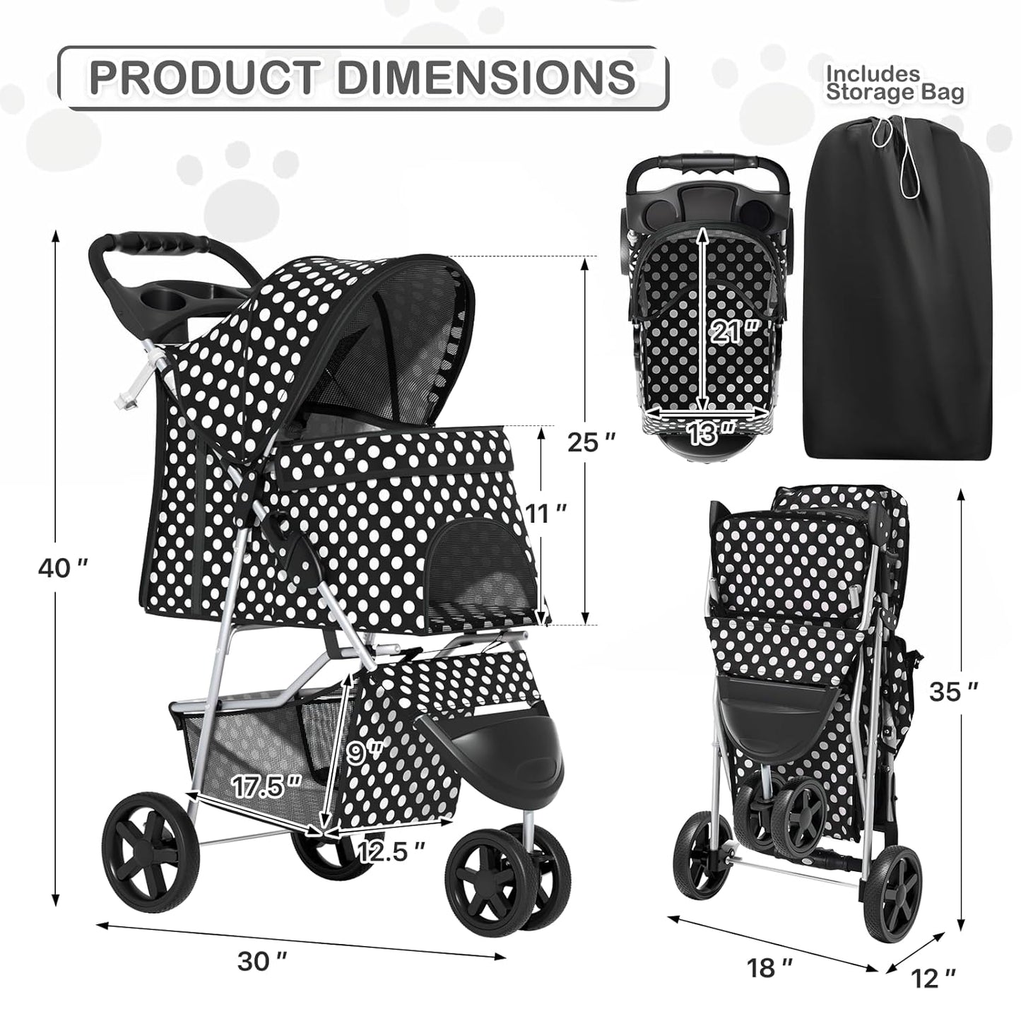 MoNiBloom Foldable Pet Stroller with Weather Cover, 3 Wheels Pet Strolling Cart for Small/Medium Dogs and Cats with Storage Basket and Cup Holder, Breathable and Visible Mesh for All-Season, Black