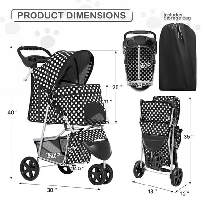 MoNiBloom Foldable Pet Stroller with Weather Cover, 3 Wheels Pet Strolling Cart for Small/Medium Dogs and Cats with Storage Basket and Cup Holder, Breathable and Visible Mesh for All-Season, Black