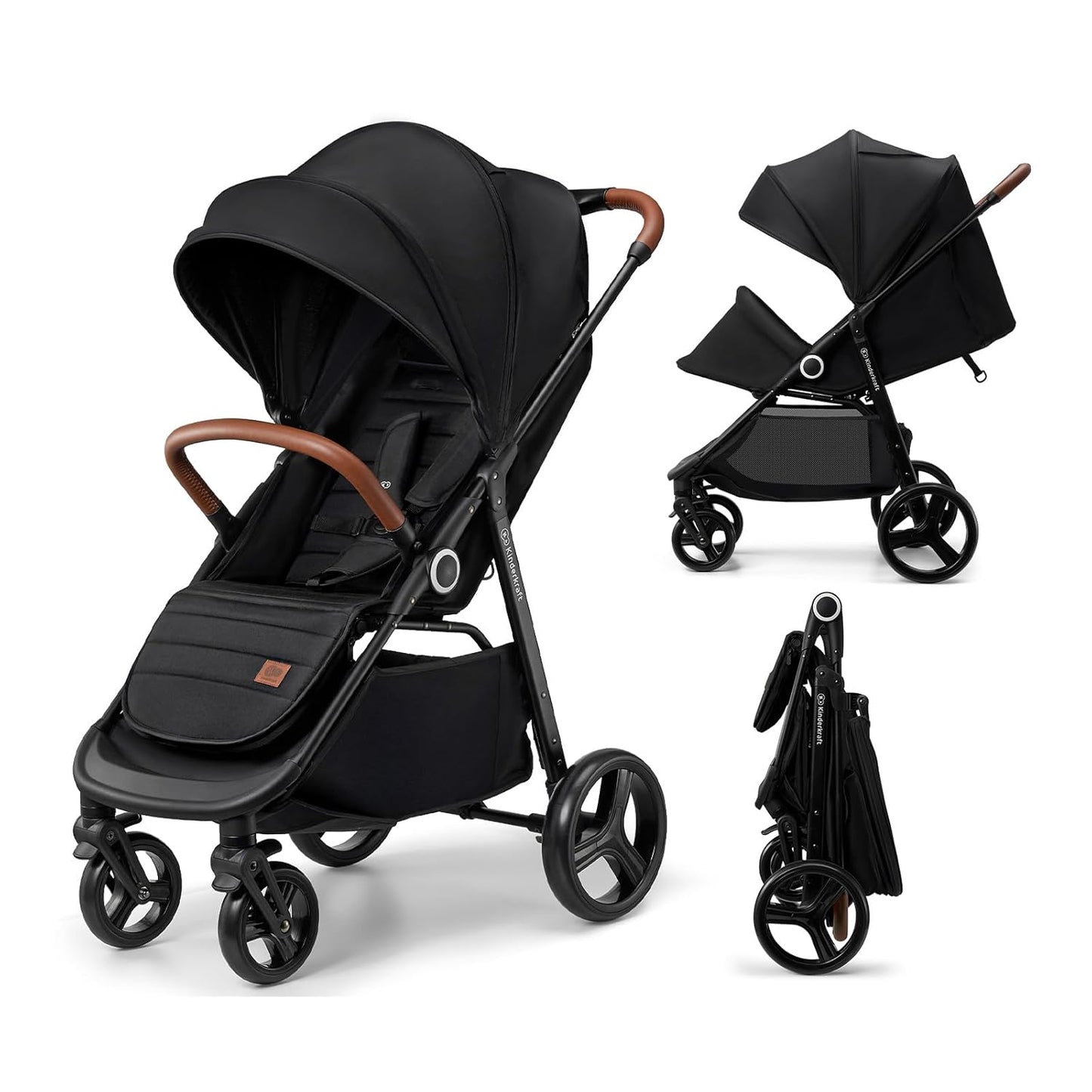 Kinderkraft Grande Plus Kinderkraft Buggy from Birth to 48.5 lb, one-Hand Folding, Reclining Position, Large Canopy with Window, All 4 Wheels dampened, Spacious seat, Black