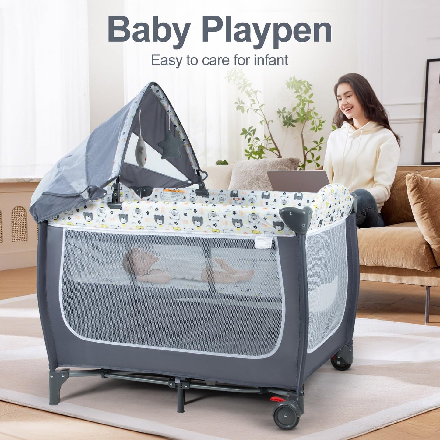 4 in 1 Pack and Play,Foldable Baby Playard with Changing Table,Travel Crib for Infants & Toddlers,Portable Playpen with Breathable Mesh,Wheels & Storage Bag,Grey
