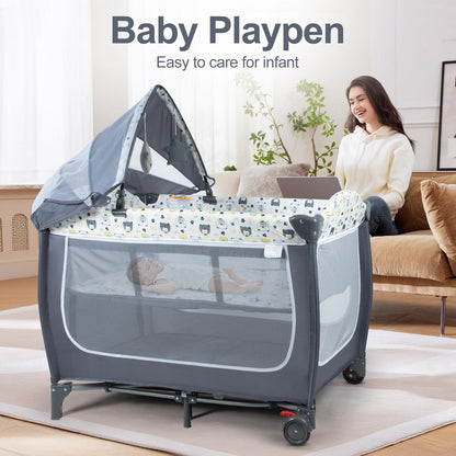 4 in 1 Pack and Play,Foldable Baby Playard with Changing Table,Travel Crib for Infants & Toddlers,Portable Playpen with Breathable Mesh,Wheels & Storage Bag,Grey