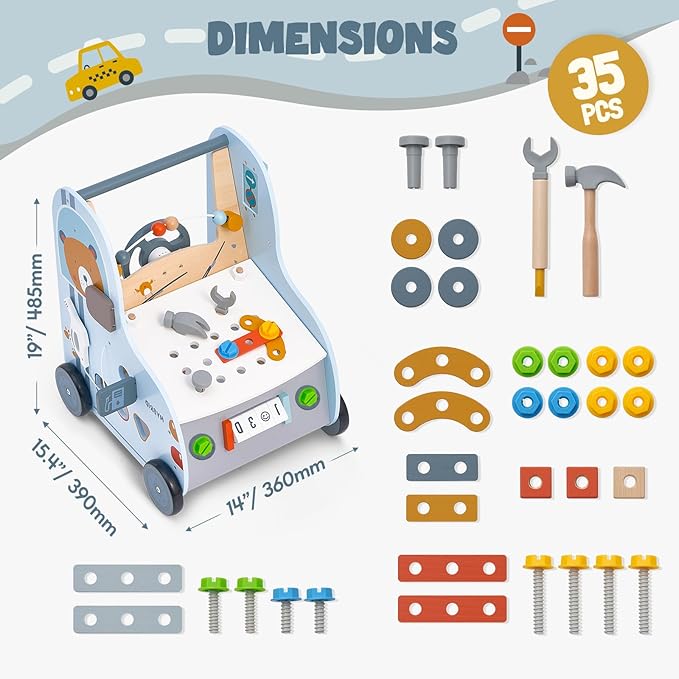 Giant bean 11-in-1 Wooden Baby Push Walker with Activity Center – Car Traffic Theme Shape Sorter Tool Bench, Steering Wheel Gears, Montessori Toy Gift for Toddler 1-3, Walking Toy Speed Adjustable