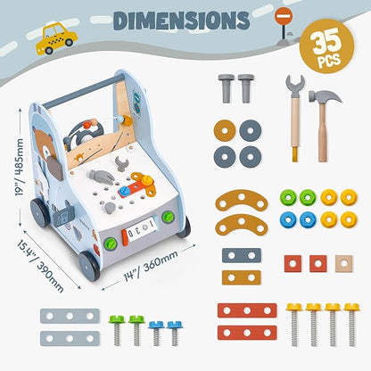 Giant bean 11-in-1 Wooden Baby Push Walker with Activity Center – Car Traffic Theme Shape Sorter Tool Bench, Steering Wheel Gears, Montessori Toy Gift for Toddler 1-3, Walking Toy Speed Adjustable