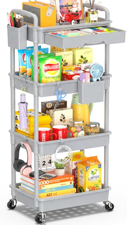 SUNALLY 3 Tier Rolling Cart with Drawer, Bathroom Storage Organizer with 2 Lockable Wheels, Multifunctional Rolling Storage Cart for Bathroom, Kitchen, Office, Craft, Makeup, Baby Essentials, White