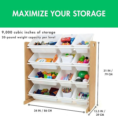 Humble Crew Toy Storage Organizer with 12 Removable Storage Bins for Kids Playroom, 4-Tier Toddler Toy Organization and Storage, Natural/White
