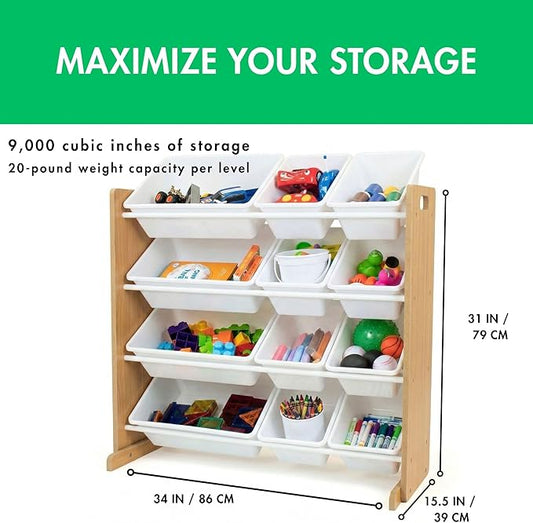 Humble Crew Toy Storage Organizer with 12 Removable Storage Bins for Kids Playroom, 4-Tier Toddler Toy Organization and Storage, Natural/White