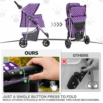 MoNiBloom Foldable Pet Stroller with Weather Cover, 3 Wheels Pet Strolling Cart for Small/Medium Dogs and Cats with Storage Basket and Cup Holder, Breathable and Visible Mesh for All-Season, Black