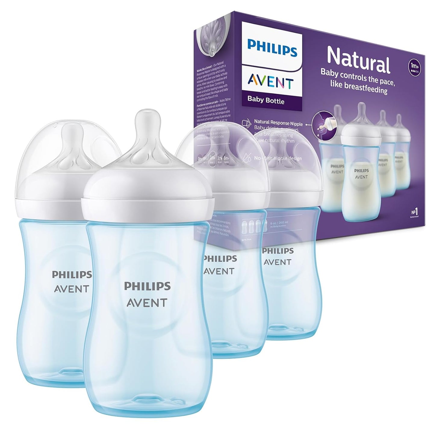 Philips Avent Natural Baby Bottles with Natural Response Nipples (Medium Flow, Flow 3), 9oz, 4-Pack, SCY903/04