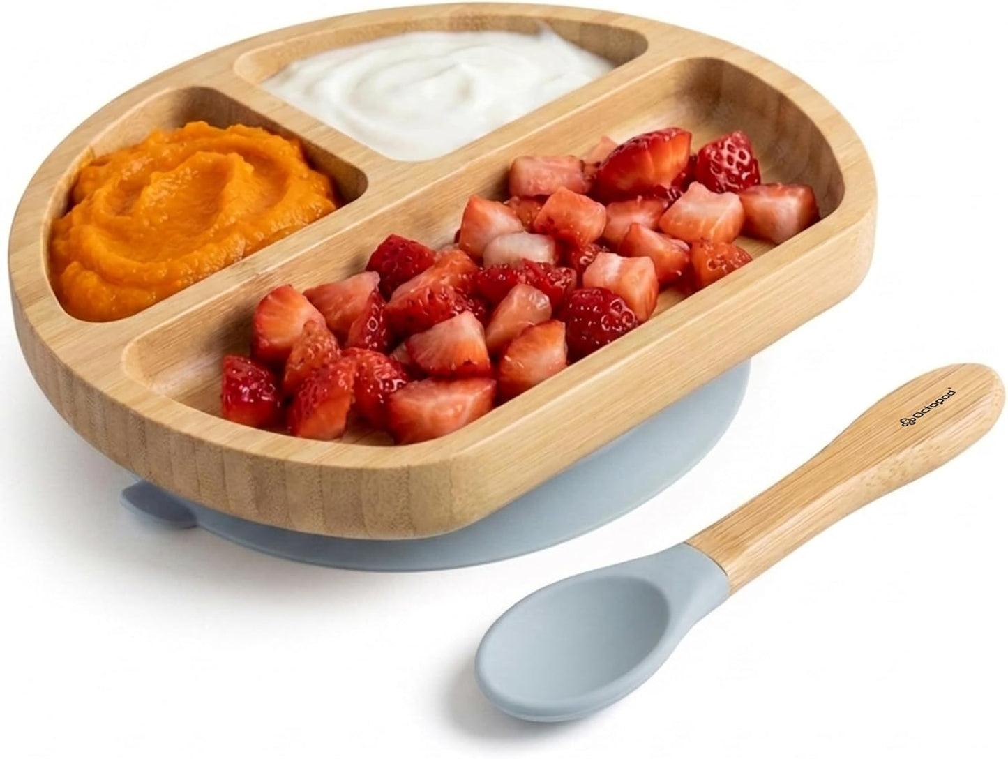 Abiie Octopod Bamboo Dish - Kids Plates for 4 months and up, 3-Compartment Baby Plates with Suction, Triangle Bamboo Baby Plate, Mess-Free Toddler Suction Plates, Baby Feeding Supplies, 8.3x1.9x7.7 in