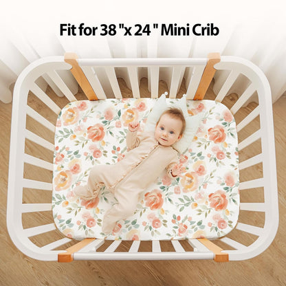 Baby Mini Crib Sheets Girl, Portable 38”x26” Pack and Play Sheets Fitted for Playard and Pack N Play Mattress, 3-Pack Soft Microfiber Pink Rainbow