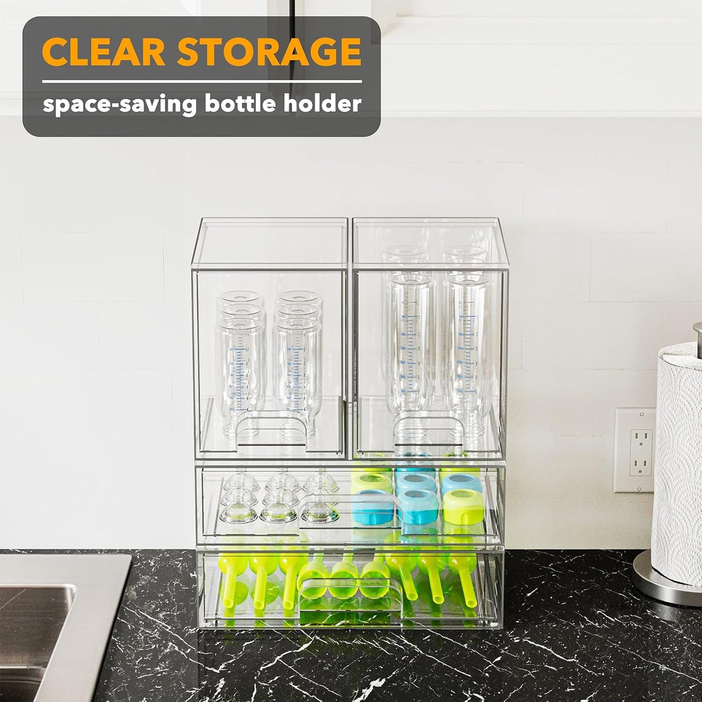SpaceAid Bottle Storage Organizer Baby - Acrylic Bottles Station Organizer Container, Stackable Clear Drawers for Countertop, Vanity, Bathroom, Cabinet, Pantry Organization, 5 Pack, 2S2M1L, 15.4" H