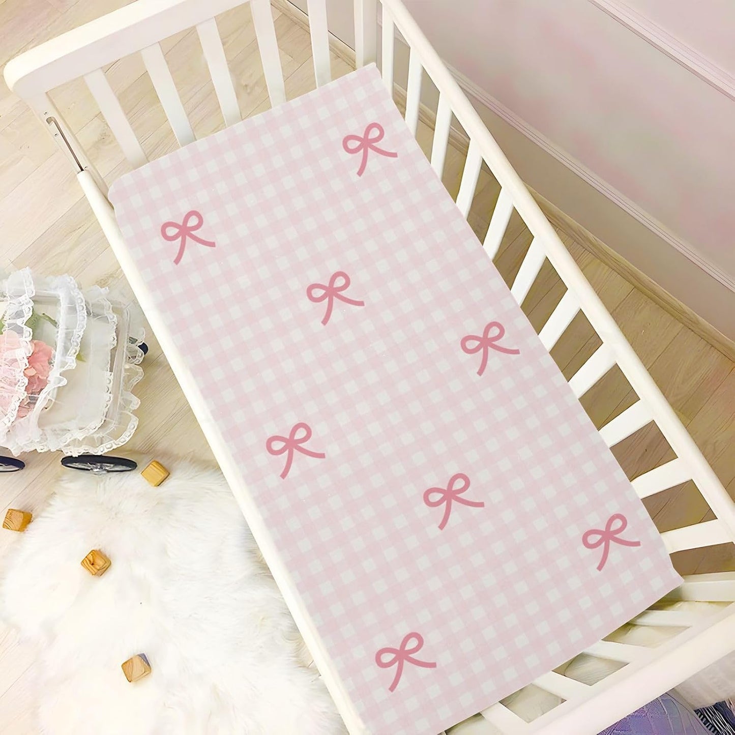 Fitted Crib Sheets Pink Checkered and Bows Stretchy Portable Playard Sheets for Baby Toddler, Breathable Soft Mini Crib Mattress 39 x 27 in for Boys and Girls