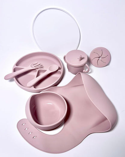 Kotaria 9 Piece Pink Toddler Silicone Dinner Set. Includes Bib, Suction Compartment Plate with lid, Cup with Straw and lid for Snack time, Bowl, Fork and Spoon.