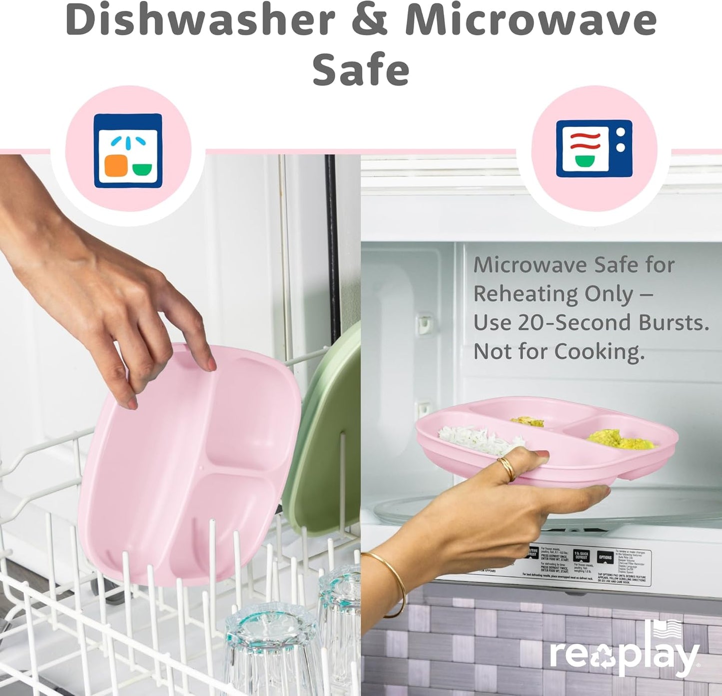 Re-Play Toddler Plates with Dividers - Deep-Walled 3 Compartments Divided Plates for Kids - Dishwasher & Microwave Safe - Made in USA - Set of 3-7.37" x 7.37" x 1.25" - Beach Baby