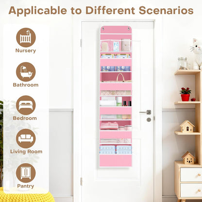 SpaceWhisper Over the Door Organizer, 4 Large Pocket Hanging Storage Organizer with 40lb Capacity, Space Saving for Nursery, Bathroom, Bedroom, Closet - Baby Essentials & Toiletry Organizer (Pink)