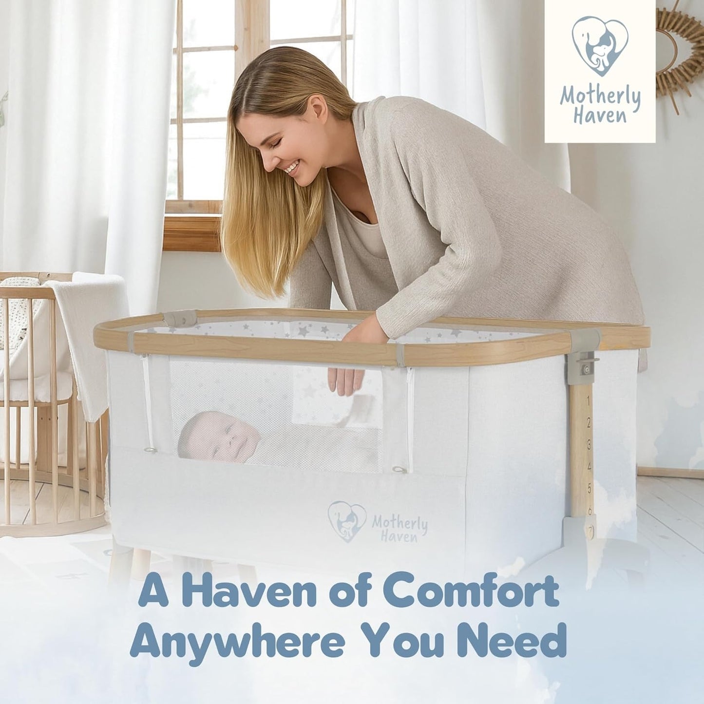 Motherly Haven Baby Bassinet Bedside Sleeper, Portable Crib for Newborns, Adjustable 7-Height Auto-Lock, with Wheels, Soft Mattress & Breathable Mesh (Light Grey)