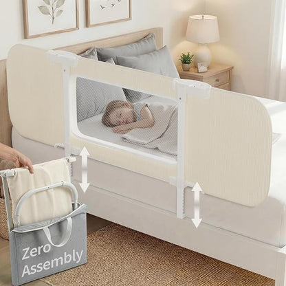 NUTIKAS 58" Bed Rails for Toddlers, Extra Long Side Folding Baby Bed Rail Guard for Queen & King Size Bed, Collapsible Kids Bedrail with Adjustable Height