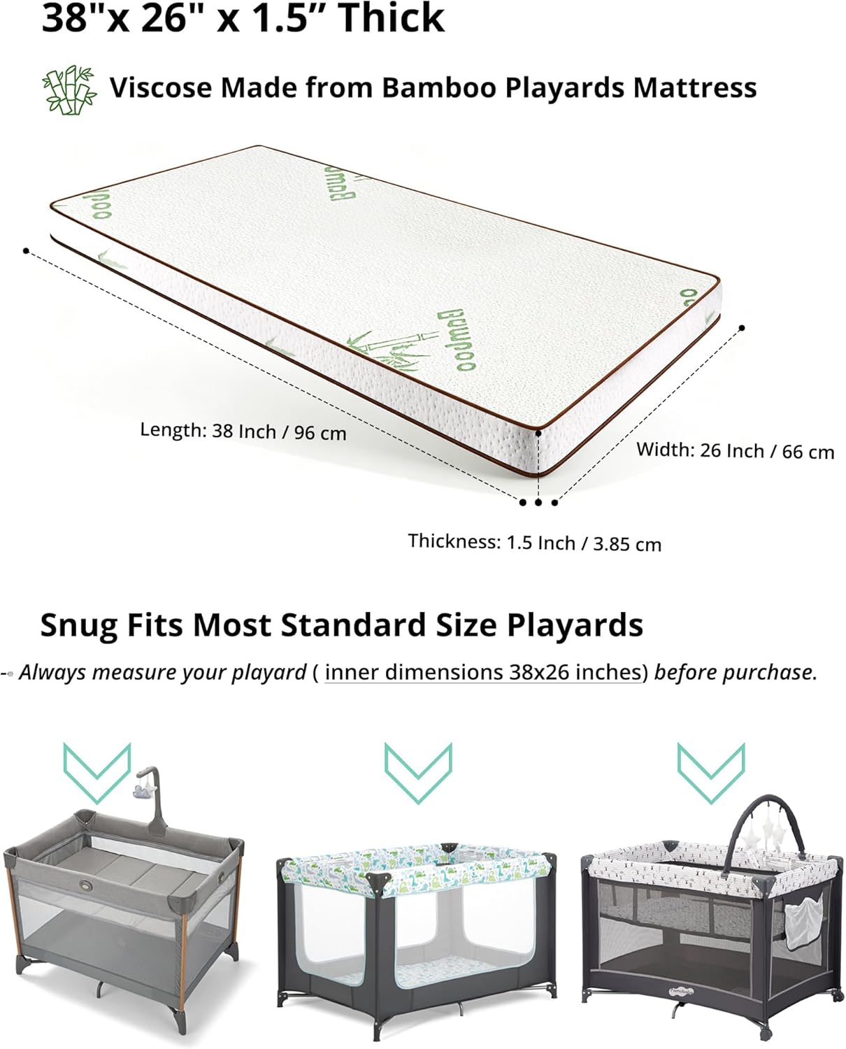 Pack and Play Mattress 38"x26" Playard Baby Pad for Pack n Play, No Gap Safer 3D Piped Edge, 1.5" Thick Medium Firm, Breathable Waterproof Washable Cover, White