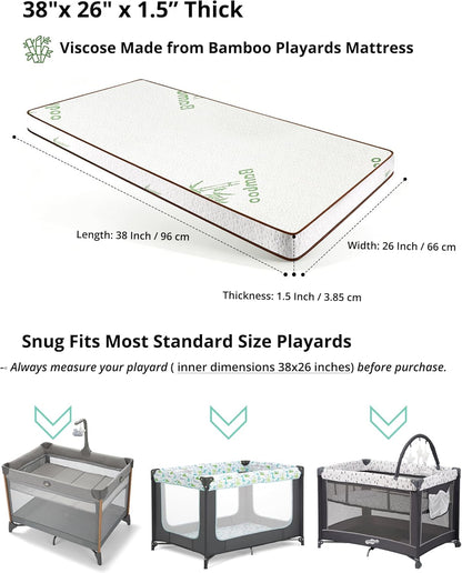 Pack and Play Mattress 38"x26" Playard Baby Pad for Pack n Play, No Gap Safer 3D Piped Edge, 1.5" Thick Medium Firm, Breathable Waterproof Washable Cover, White