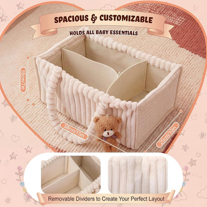 Flannel Baby Diaper Caddy Organizer with Teddy Bear, Baby Shower Gift Basket with Handle, Portable Nursery Storage Basket Bin for Diapers, Wipes, Newborn Essentials (White)
