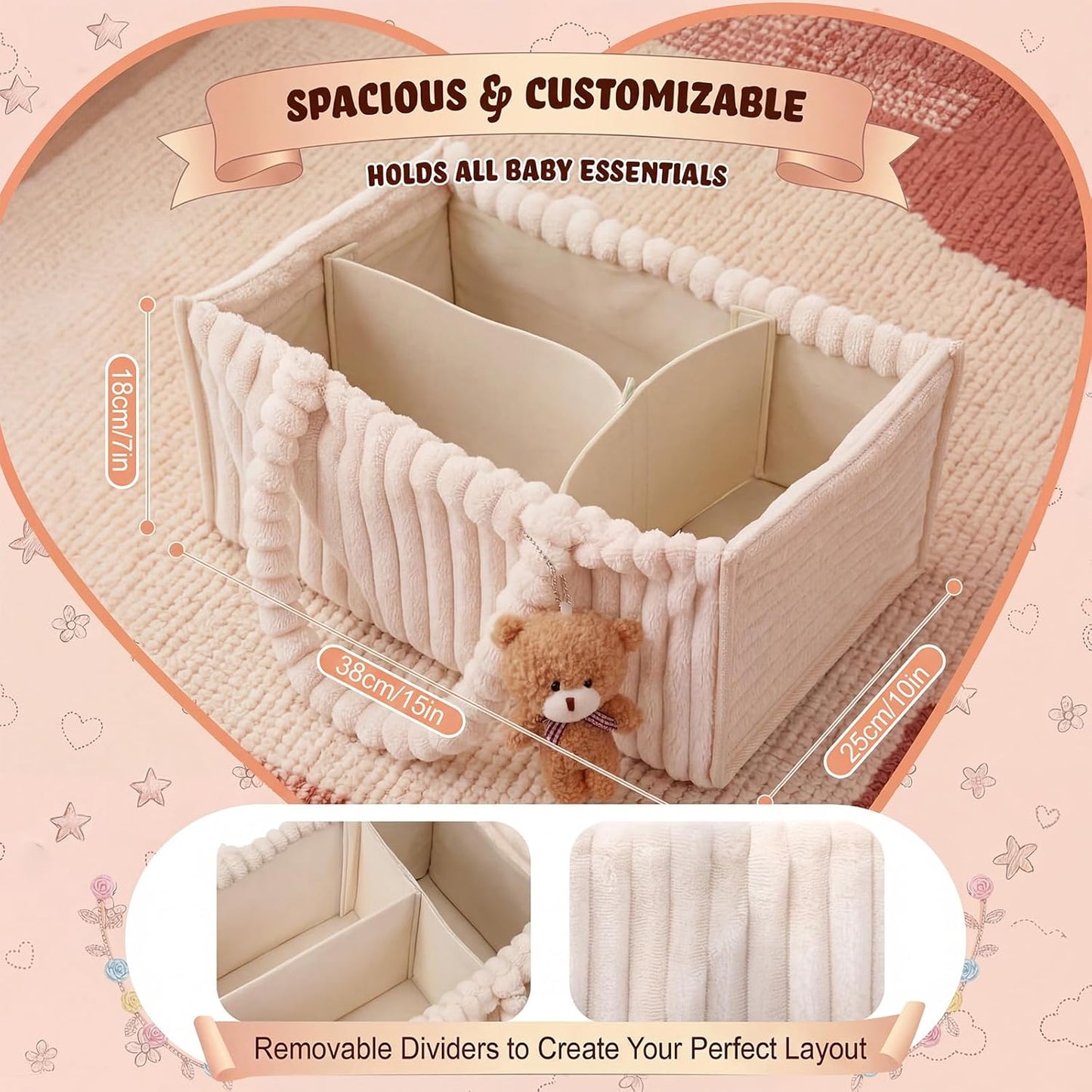 Abbylike 2 Pack Flannel Diaper Caddy Organizer with Gift Bag and Bow, Baby Shower Gift Basket with Handle, Portable Nursery Storage Basket Bin for Diapers, Wipes, Newborn Essentials