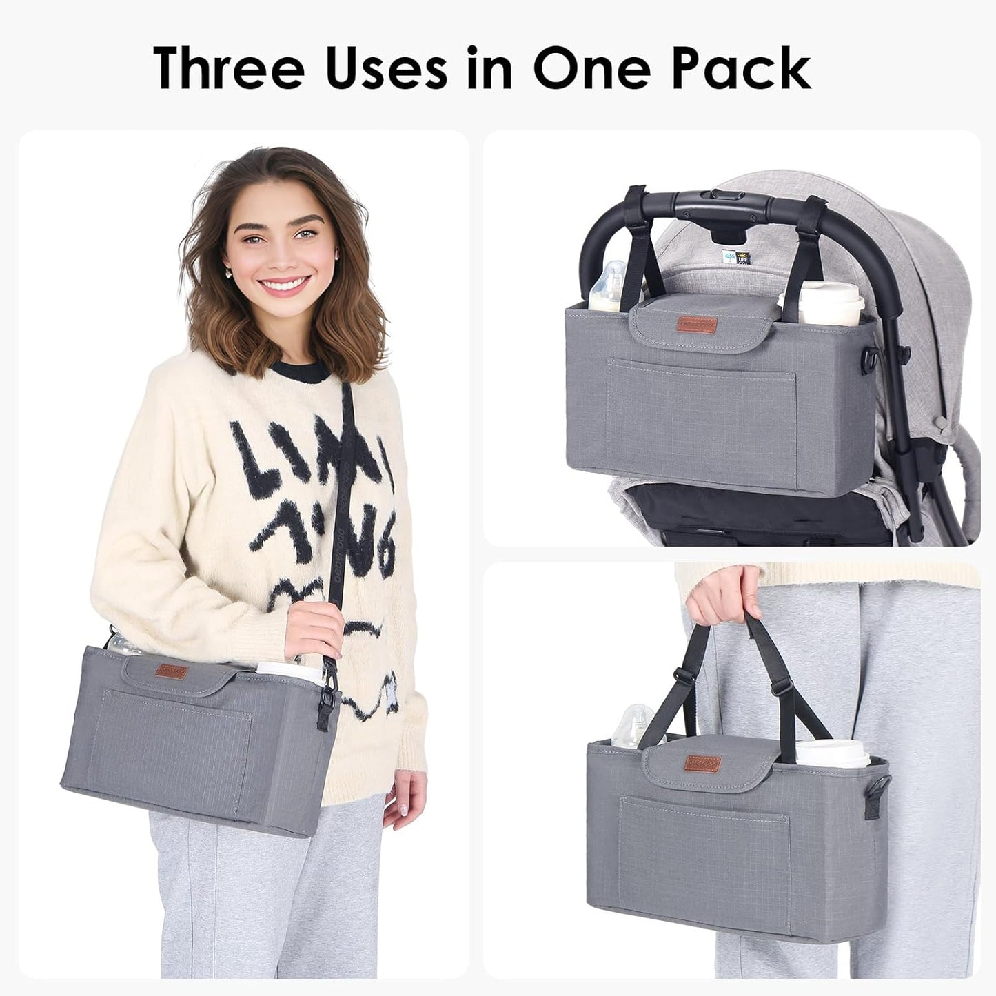 Beberoad Love Stroller Organizer with Cup Holder, Stroller Hanging Bag with Shoulder Strap, Waterproof & Durable Stroller Caddy for Baby Wipes, Bottles, Essentials, Fits Most Strollers (Grey)