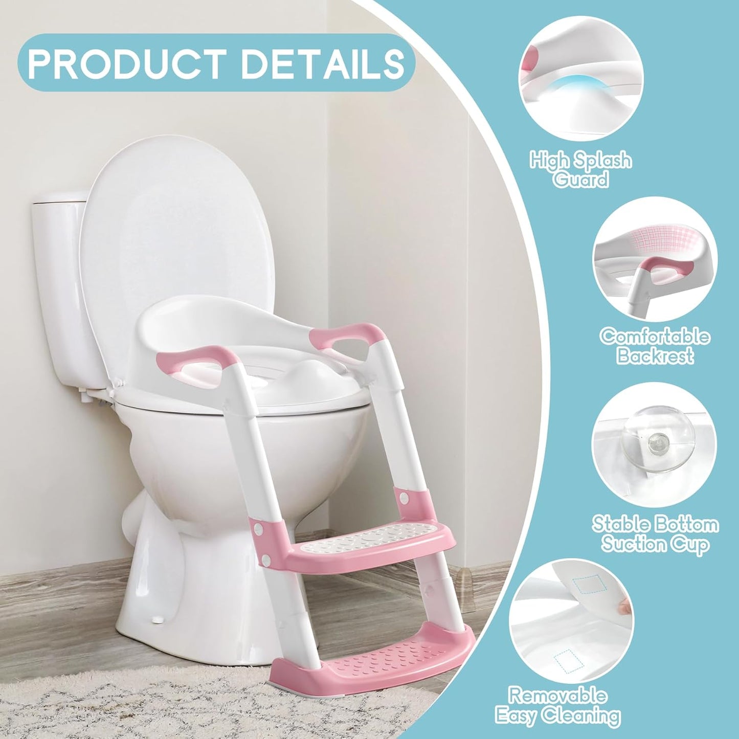 COOSEYA Potty Training Toilet with Step Stool Ladder, Toddler Kids Potty Training Seat for Boys Girls, Foldable Anti-Slip Toilet Toddler Seat Splash Guard Soft Cushion Safety Handles (Grey)