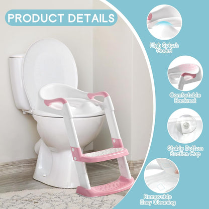 COOSEYA Potty Training Toilet with Step Stool Ladder, Toddler Kids Potty Training Seat for Boys Girls, Foldable Anti-Slip Toilet Toddler Seat Splash Guard Soft Cushion Safety Handles (Grey)