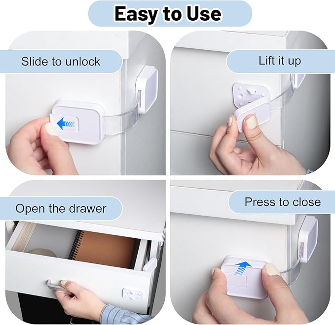 10-Pack Adhesive Baby proofing Strap Locks, Child Proof Cabinet Latches for Drawers, Microwave, Oven, Trash Can, Refrigerator, Toilet Lid, Adjustable No Drilling Need