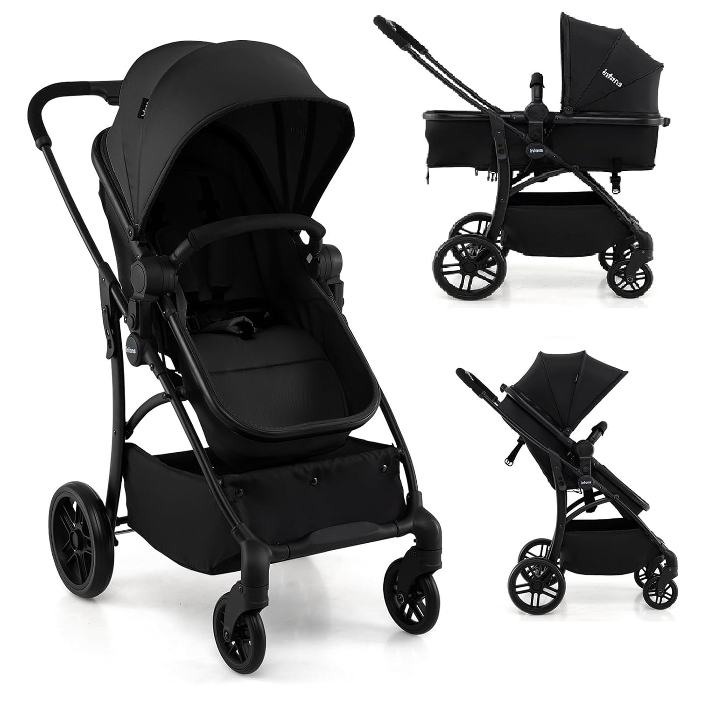 INFANS 2 in 1 Baby Stroller, Convertible Stroller with Bassinet Reversible Seat Adjustable Backrest Canopy One Hand Fold, Compact Toddler Pushchair for Kids Infants Newborns 0-36 Months
