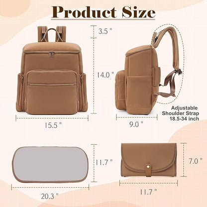 Diaper Bag Backpack, Neoprene Bag Backpack, Large Diaper Backpack with 16 Diaper Bag Organizers, 4 Insulated Pockets, Lighweight Travel Baby Bag with Changing Pad for Mom & Dad, Brown