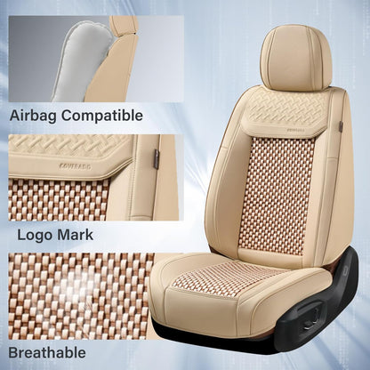 Coverado Leather Seat Covers for Car, Waterproof Car Seat Covers Full Set, 2 in 1 Conversions Car Seat Cover Protector Car Accessories Universal Fit for Most Cars SUVs and Trucks Beige