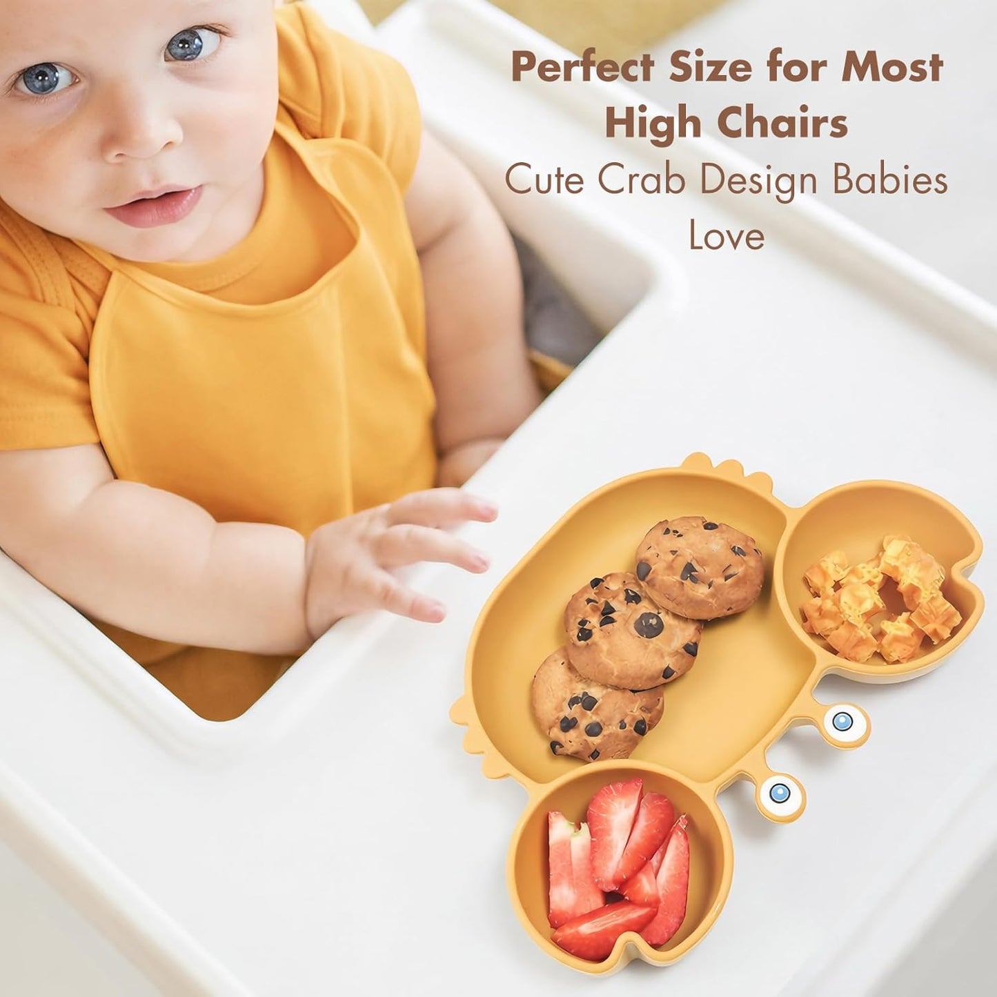 ROCCED Suction Plates for Baby, Silicone Plates with Suction Divided, Baby Spoon Fork Set for Toddler Baby Dishes Kids Utensils-Crab Dusty Blue