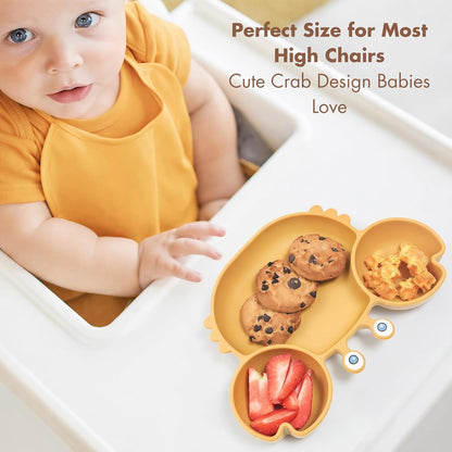 ROCCED Suction Plates for Baby, Silicone Plates with Suction Divided, Baby Spoon Fork Set for Toddler Baby Dishes Kids Utensils-Crab Dusty Blue