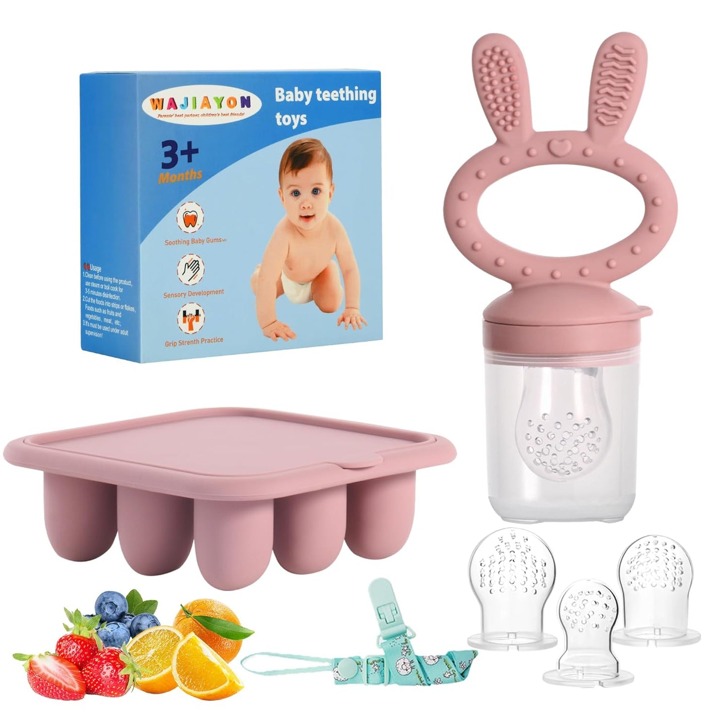 WAJIAYON Baby Breastmilk Popsicle Molds & Baby Fruit Feeder (4 Pack), Infant Food Freezer Tray Storage Containers, Silicone Teething Pacifier Feeder and Teether for Babies（Pink&Purple）