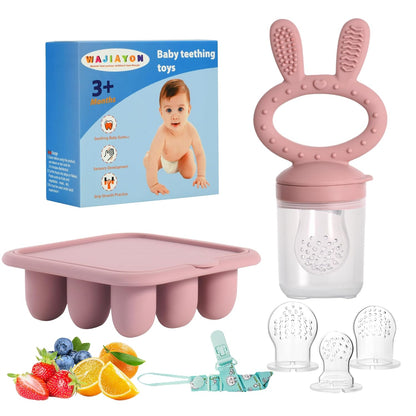 WAJIAYON Baby Breastmilk Popsicle Molds & Baby Fruit Feeder (4 Pack), Infant Food Freezer Tray Storage Containers, Silicone Teething Pacifier Feeder and Teether for Babies（Pink&Purple）