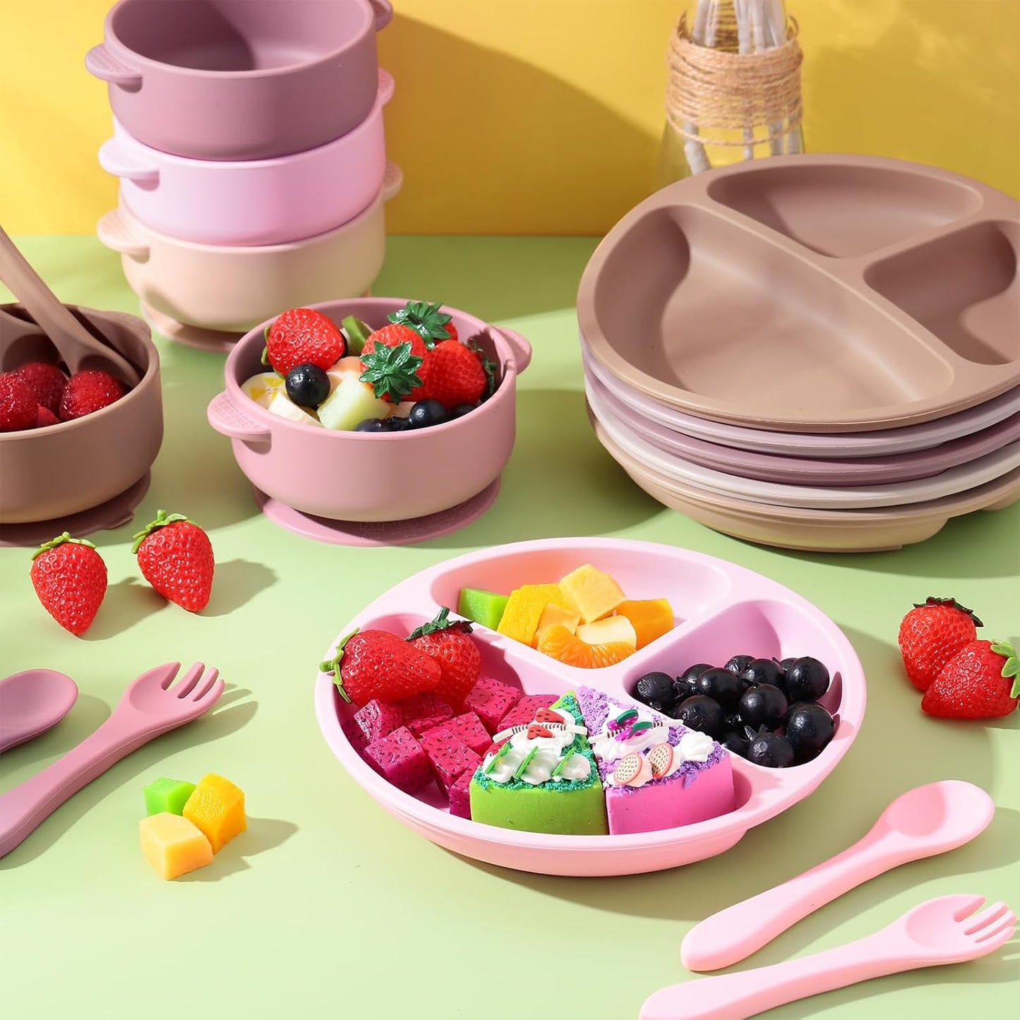 Dandat 24 Pcs Silicone Baby Feeding Set,6 Baby Toddler Suction Bowls 6 Divided Suction Plates with 6 Forks 6 Spoons, Utensils Set for Weaning Infant Feeding and Eating, 6 Styles (Elegant Color)