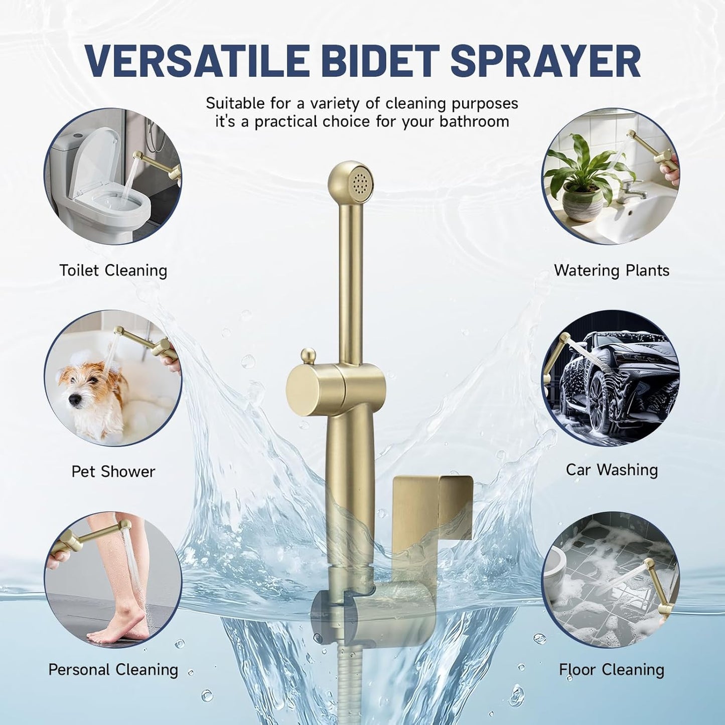 Chrome Handheld Bidet Sprayer for Toilet with Bidet Hose Brass Cloth Diaper Sprayer Bathroom Toilet Attachment for Feminine Wash, Wall Mount or Toilet Mount
