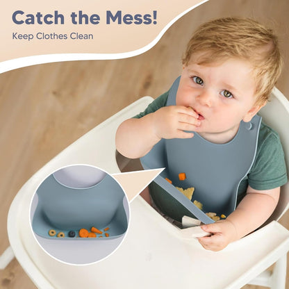 Baby Suction Plates and Bowls Set - 100% Food Grade Silicone Toddler Feeding Supplies for BLW | Stay-Put Divided Dish | Includes Bonus Bib, Cup & Soft Spoon/Fork (6-Piece)