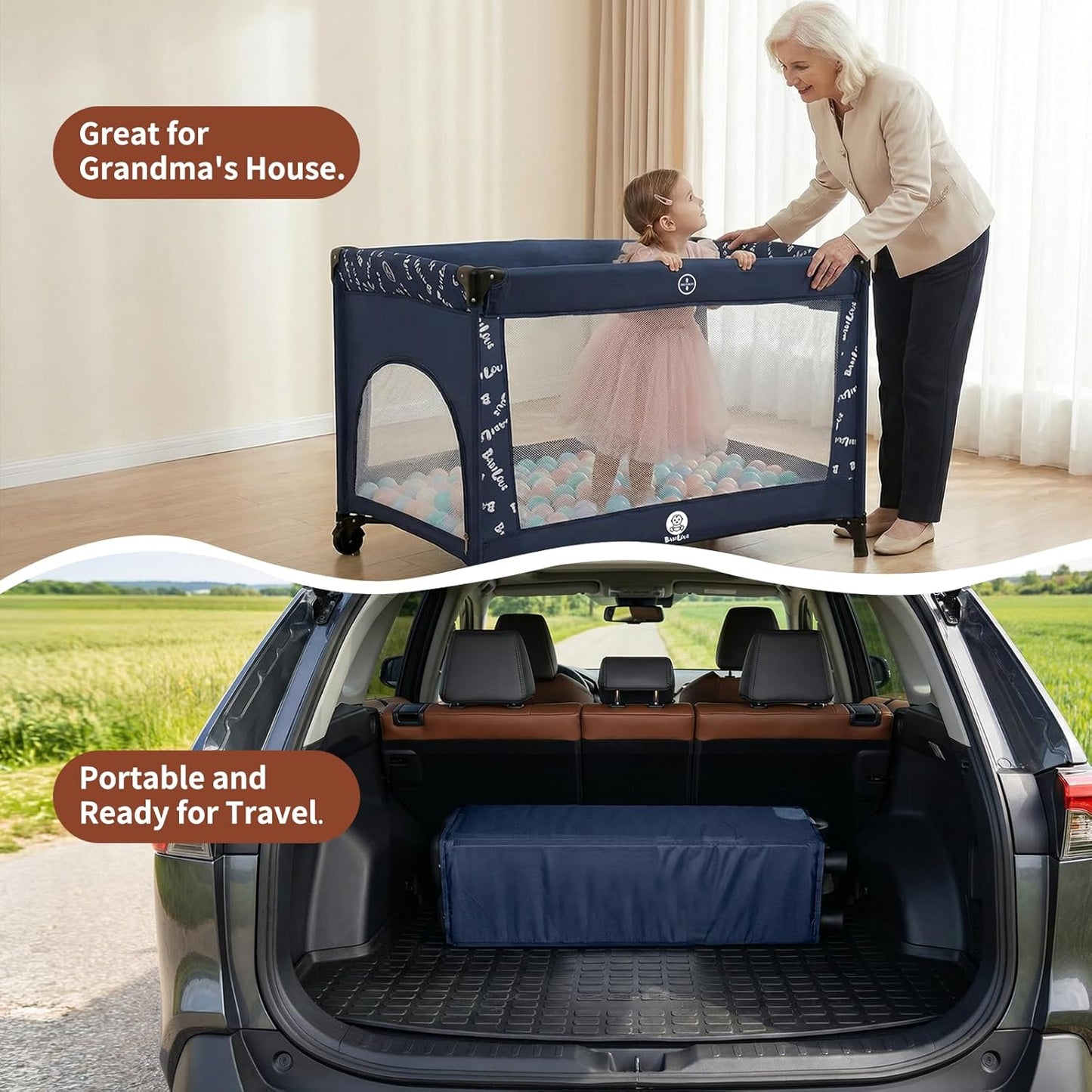 Babilous Pack and Play, Baby Bassinet with Wheels, Foldable Baby Playard for Travel, Easy Carry Bedside Bassinet, Mini Pack n Play with Comfortable Mattress & Compact Space Saving Design, Grey