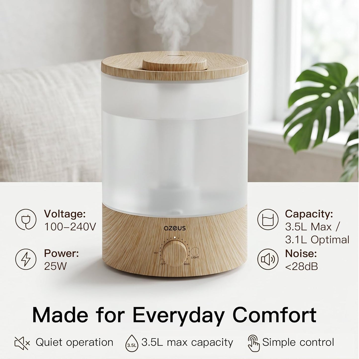 AZEUS 3.5L Ultrasonic Humidifier with 7-Colour Night Light, Aroma Diffuser Compatible Cool Mist Humidifier, Quiet & Adjustable for Bedroom, Nursery, Office