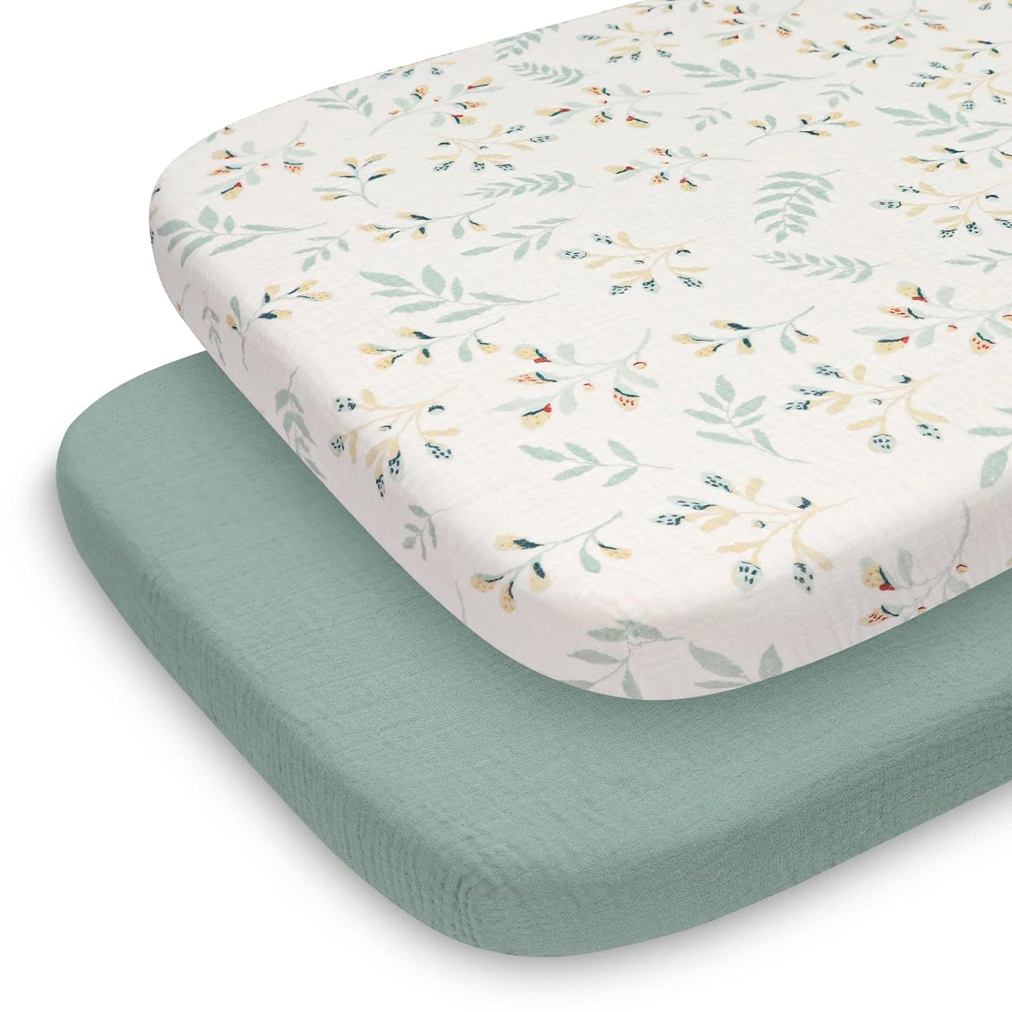 Blissful Diary Muslin Bassinet Sheets for Baby Girls Boys, Boho Soft Cotton Fitted for Oval Hourglass Rectangle Mattress, 2 Pack(Sunshine&Brown)