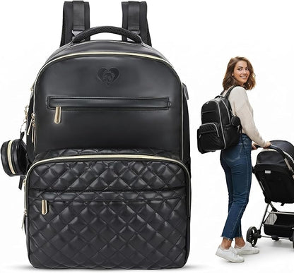 Large PU Leather Diaper Bag Backpack Set (3-Piece) – Baby Bag with Large Changing Pad, Insulated Warm/Cool Bottle Pockets Organization, Newborn Essentials Travel Gift for Mom & Dad, Best Baby Shower