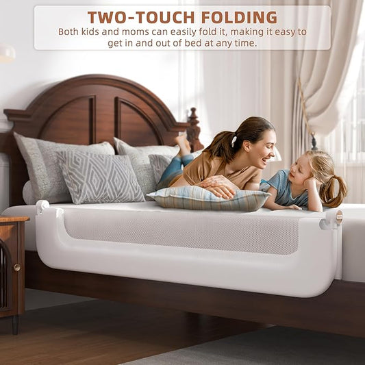 FigTime Bed Rail for Toddlers, Baby Bed Rail Guard for Kids, Toddler Bed Rails with Reinforced Anchor Fit, Height Adjustable & Foldable Bed Rail Guard for Twin, Full, Queen & King Beds (White, 59IN)