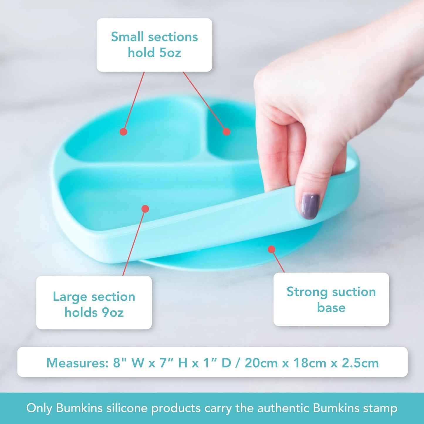 Bumkins Toddler and Baby Suction Plate, Divided Grip Dish for Babies and Kids, Baby Led Weaning, Feeding Supplies, Sticks to Tables and Highchairs, Platinum Silicone, for Chidren 6 Months, Gray