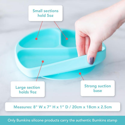 Bumkins Toddler and Baby Suction Plate, Divided Grip Dish for Babies and Kids, Baby Led Weaning, Feeding Supplies, Sticks to Tables and Highchairs, Platinum Silicone, for Chidren 6 Months, Gray