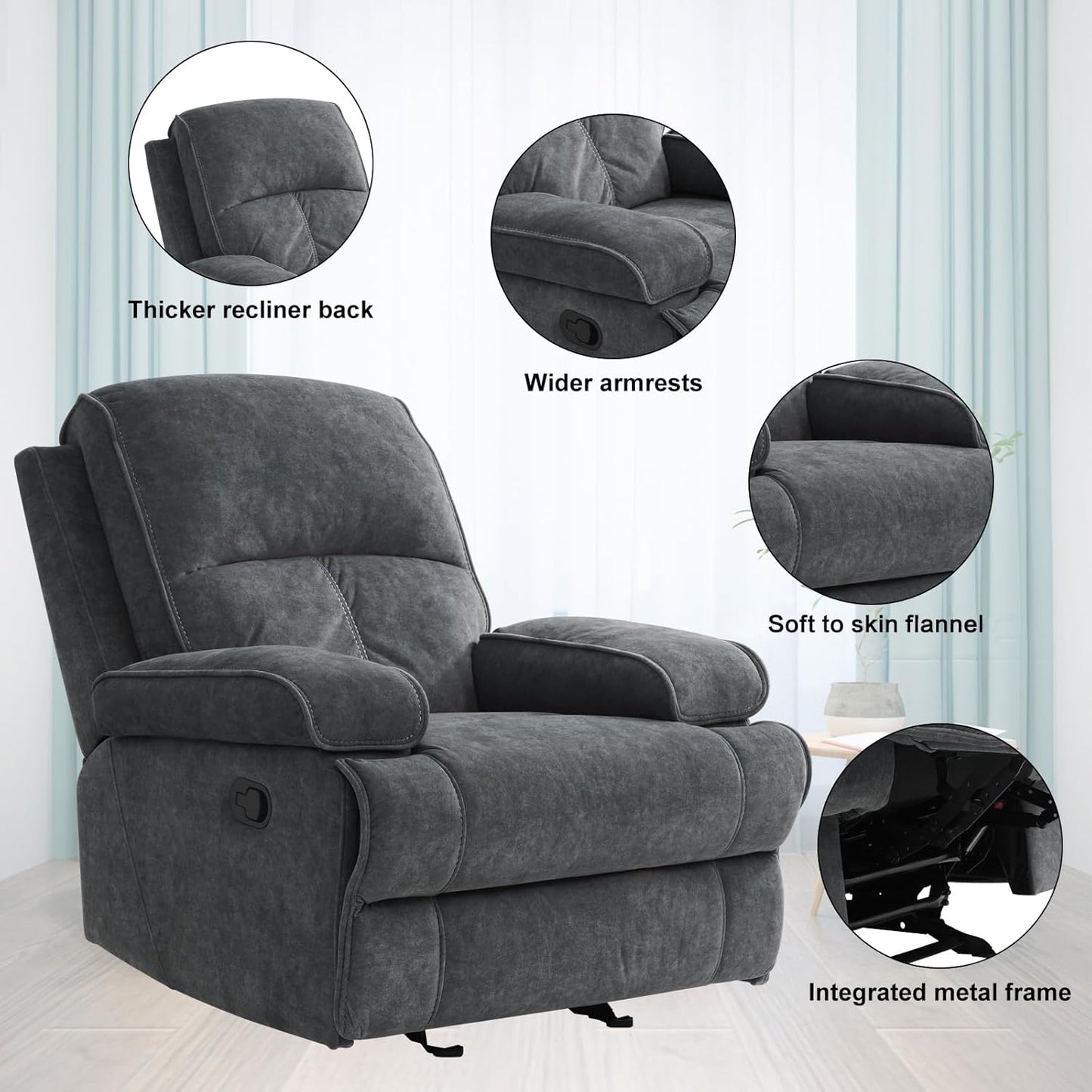 Swivel Rocker Recliner Chair for Adults, High Back Fabric Recliner with Deep Seat, Manual Glider for Living Room & Nursery, Grey